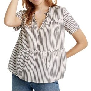 Madewell | Brown White Stripe Seamed Popover Tiered Short Sleeve Blouse